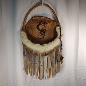 SOLLarge 27" X 14" Hand Made Native American Wall Pocket Basket Feathers Fur (S)